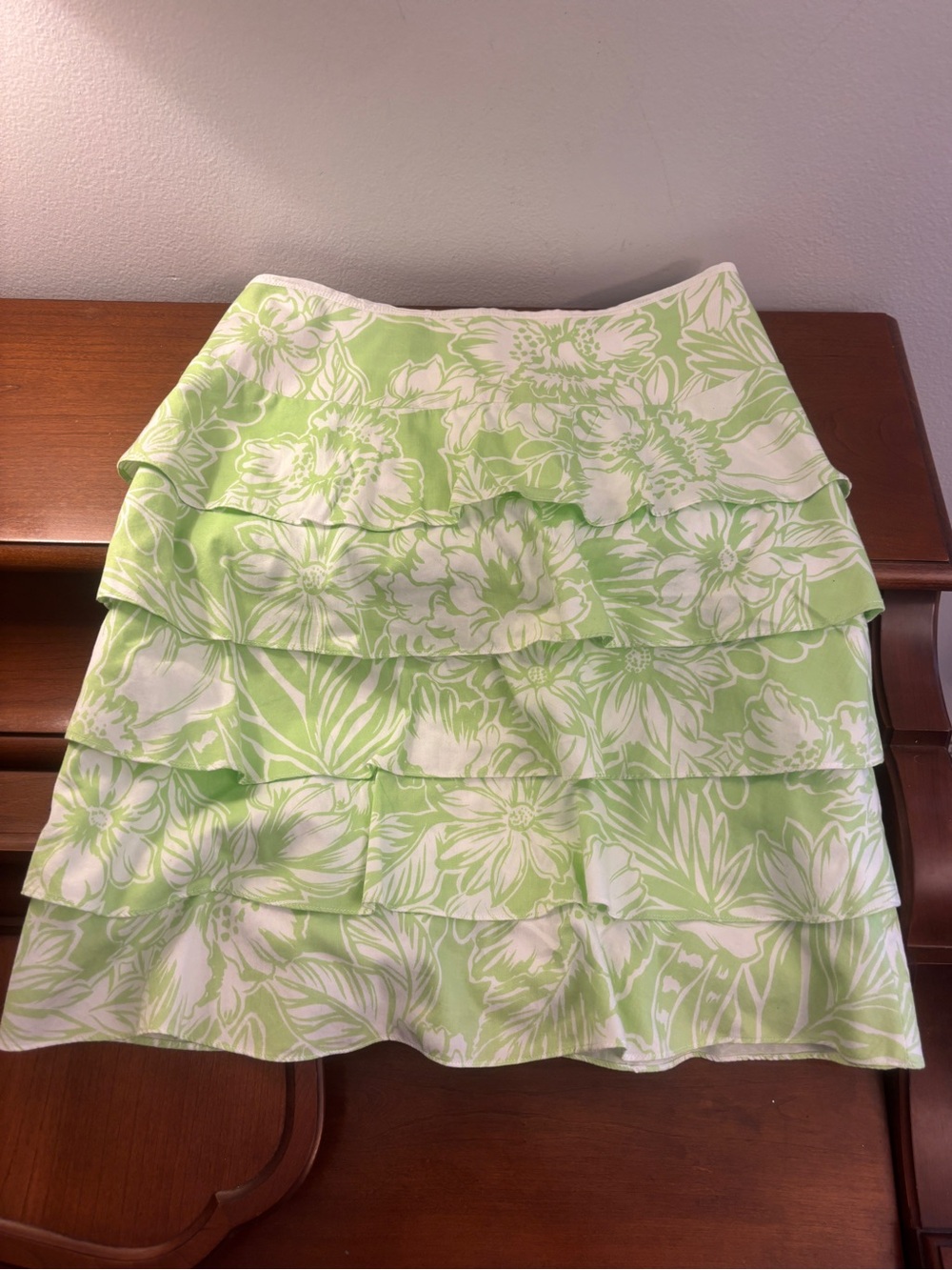 Rickie Freeman for Teri Jon Lime Green Hawaiian Print Ruffle Tier Skirt